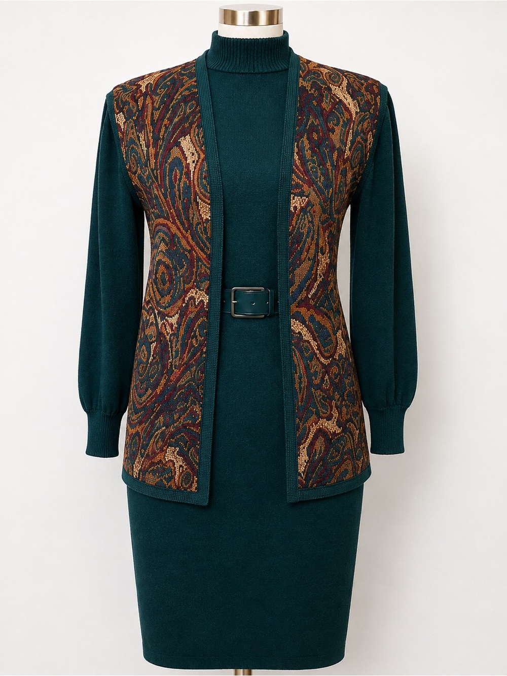 Vintage St. John Santana Knit Dress & Paisley Vest Set Size 6